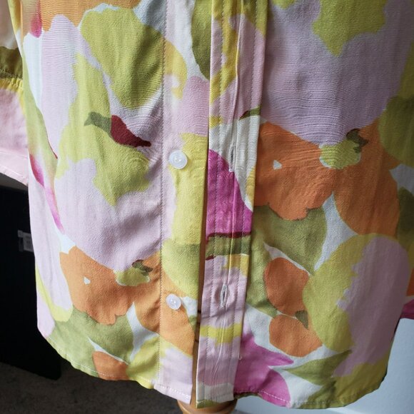 With Jean Pink Green Yellow Orange Floral Long Sleeve Button Front Collar Dress - Picture 14 of 16